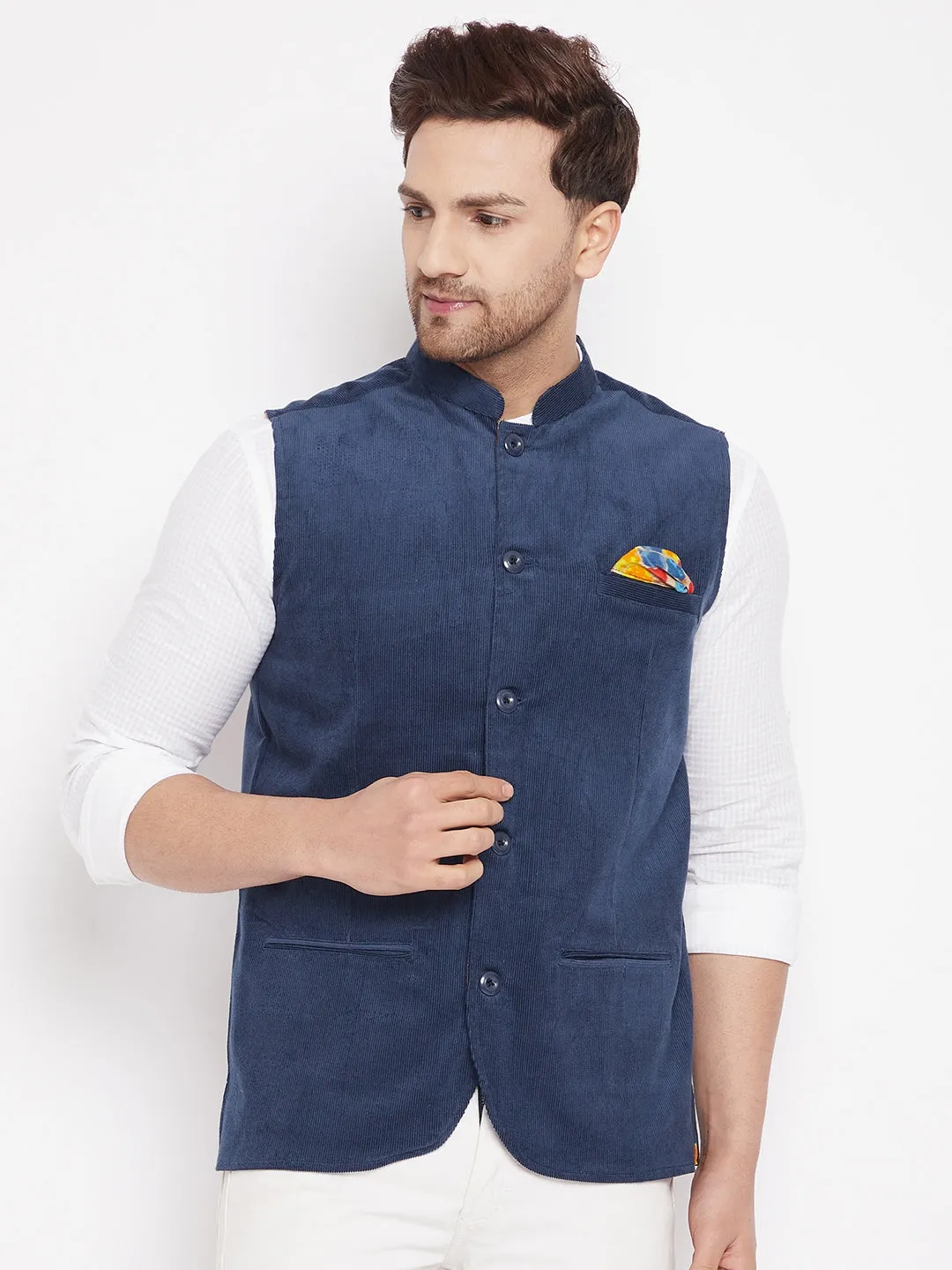 Men's Blue Color Nehru Jacket-Contrast Lining-Inbuilt Pocket Square - Even Apparels