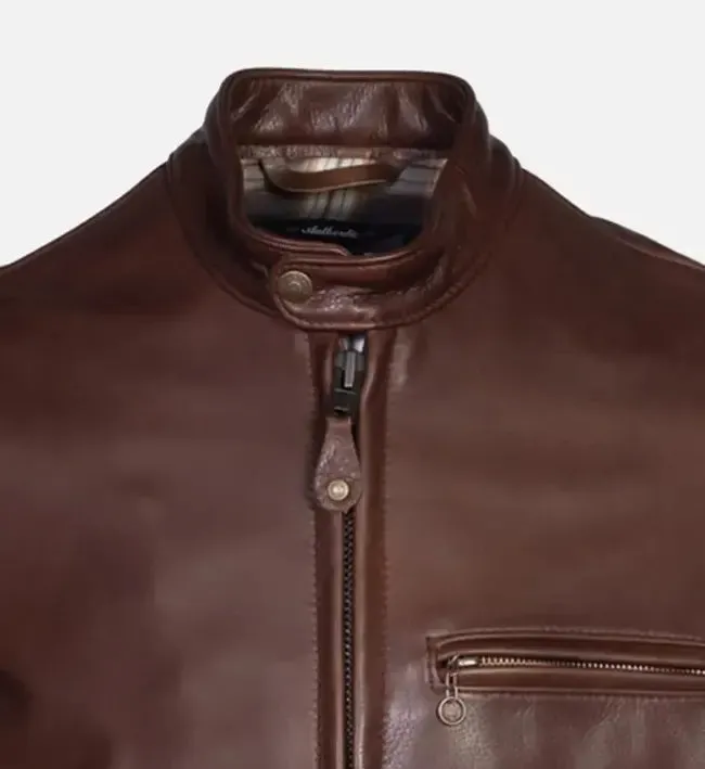 Men's Brown Distress Cafe Racer Leather jacket