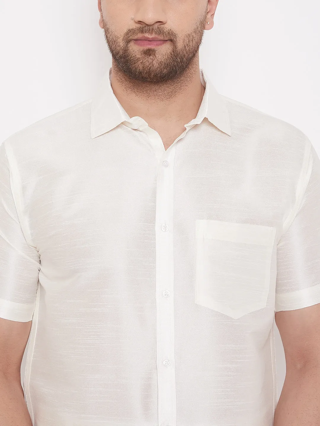 Men's Cream And White Silk Blend Shirt And Mundu - Vastramay