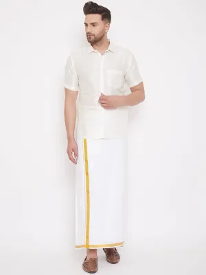 Men's Cream And White Silk Blend Shirt And Mundu - Vastramay