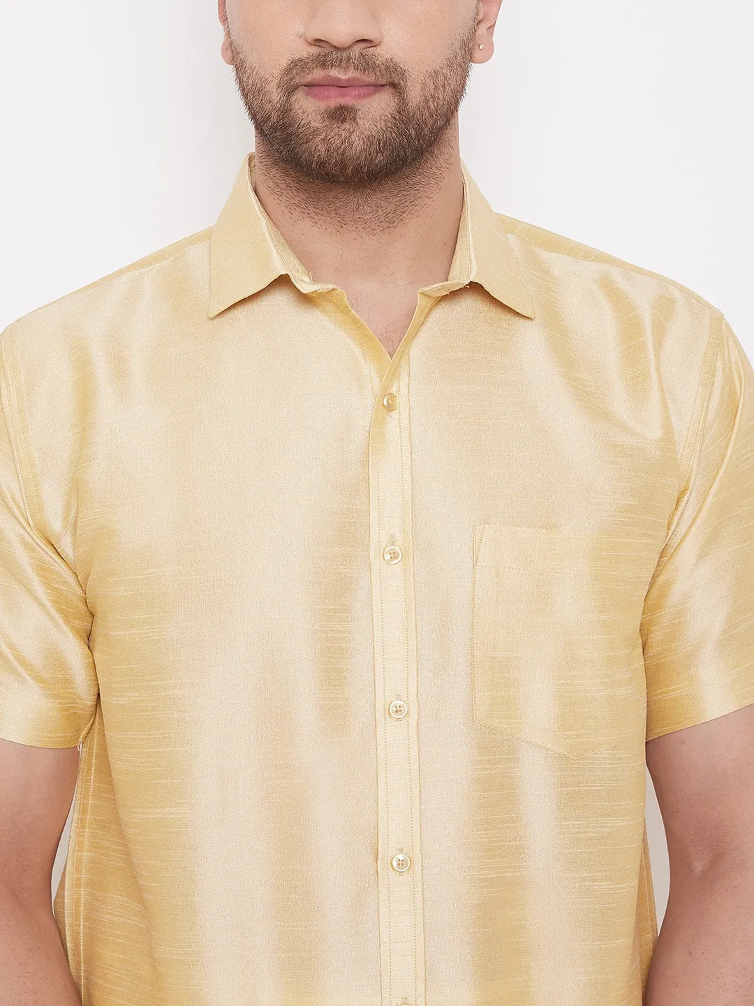 Men's Gold And White Silk Blend Shirt And Mundu - Vastramay