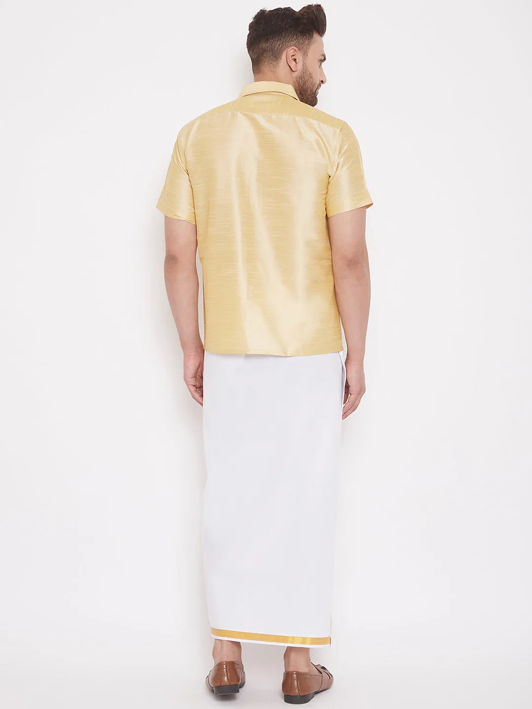 Men's Gold And White Silk Blend Shirt And Mundu - Vastramay