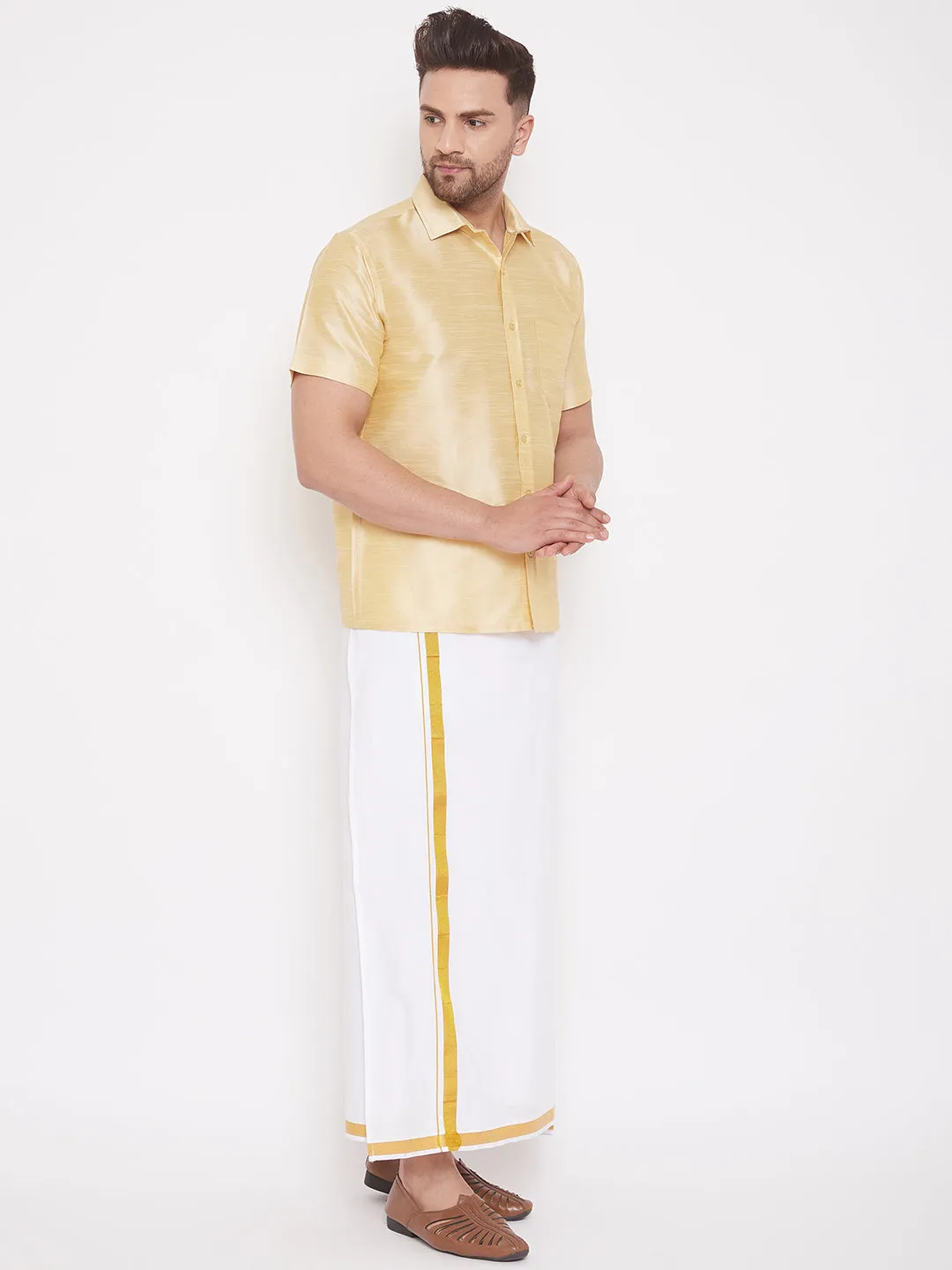 Men's Gold And White Silk Blend Shirt And Mundu - Vastramay