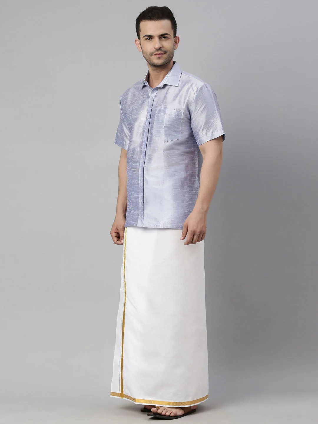 Men's Lavander And White Silk Blend Shirt And Mundu - Vastramay