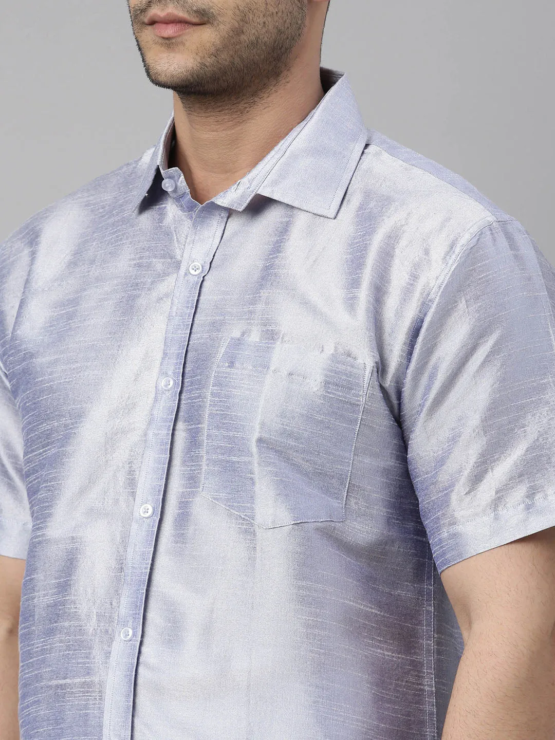 Men's Lavander And White Silk Blend Shirt And Mundu - Vastramay