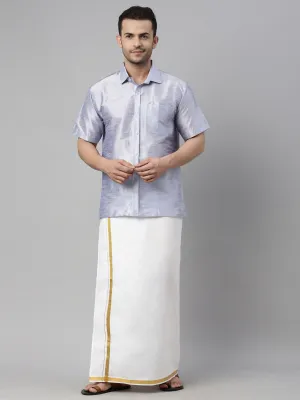 Men's Lavander And White Silk Blend Shirt And Mundu - Vastramay