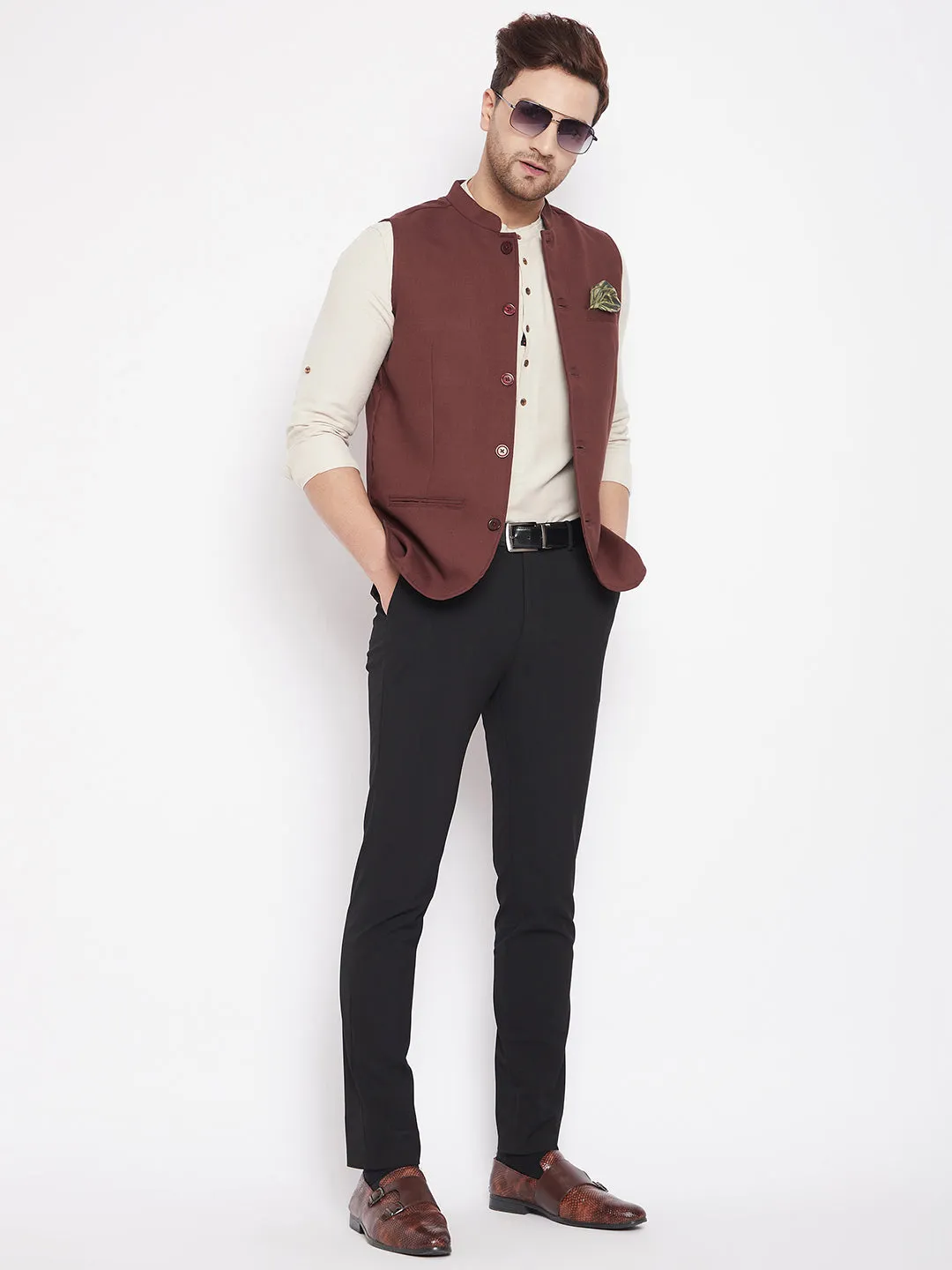 Men's Maroon Color Woven Nehru Jacket - Even Apparels