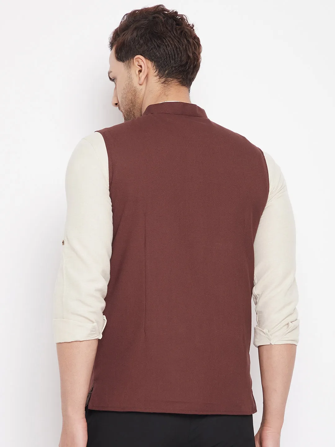 Men's Maroon Color Woven Nehru Jacket - Even Apparels