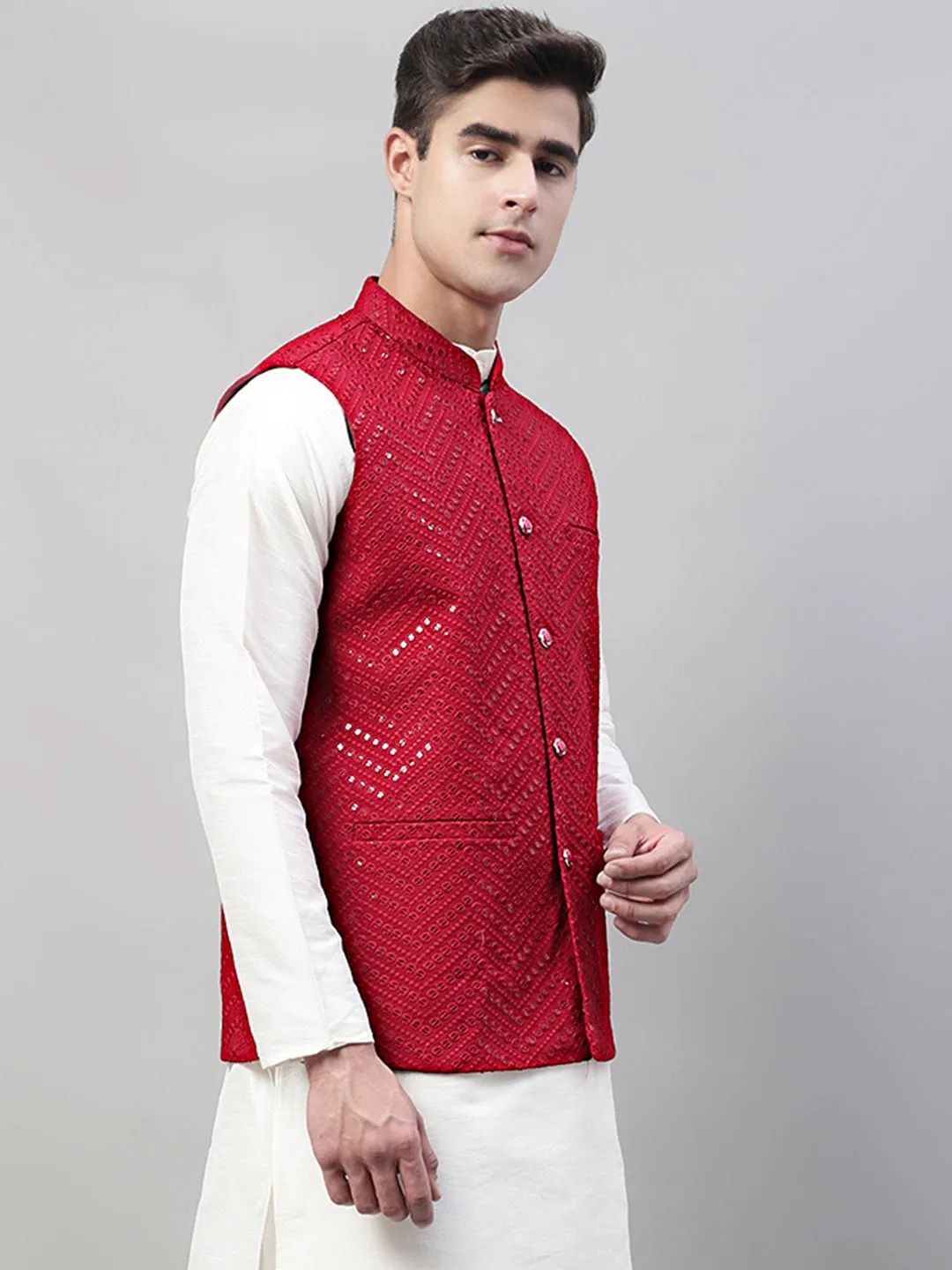 Men'S Sequins Embroidered Rayon Nehru Jacket