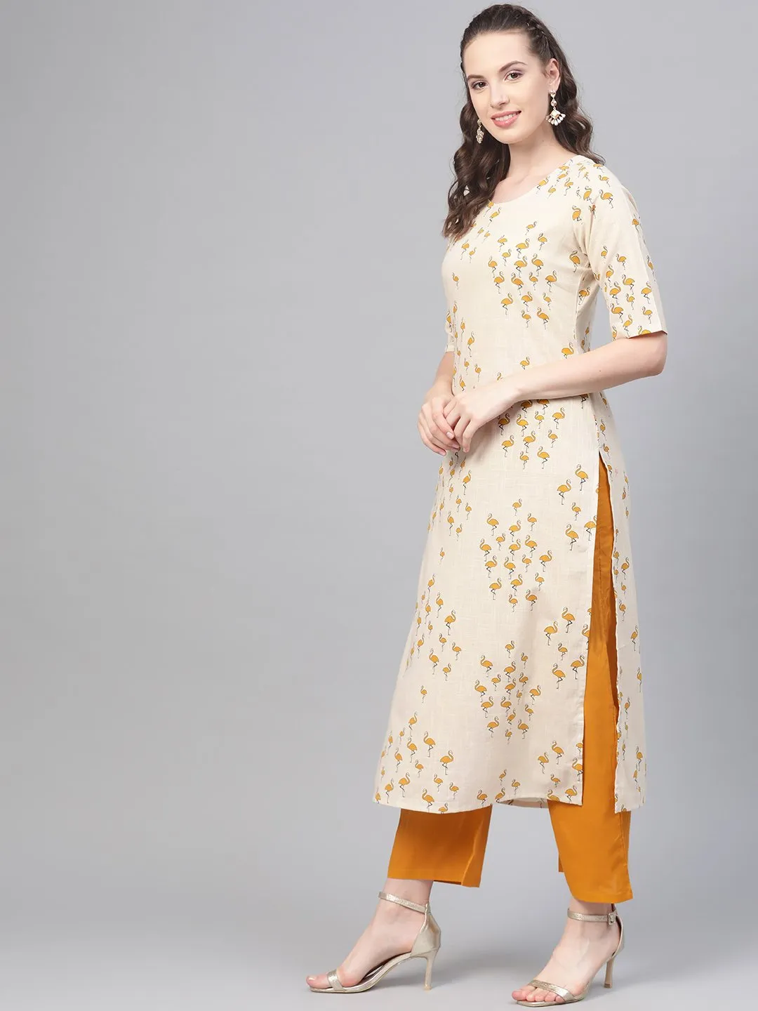 Mustard & off white Printed kurta Set with Palazzo & dupatta