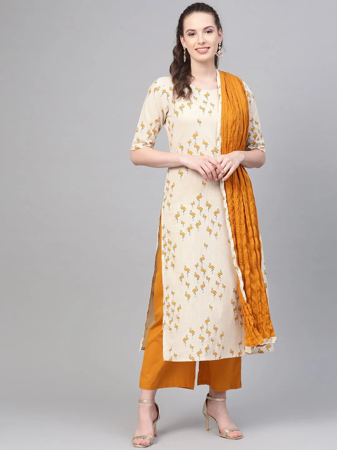 Mustard & off white Printed kurta Set with Palazzo & dupatta