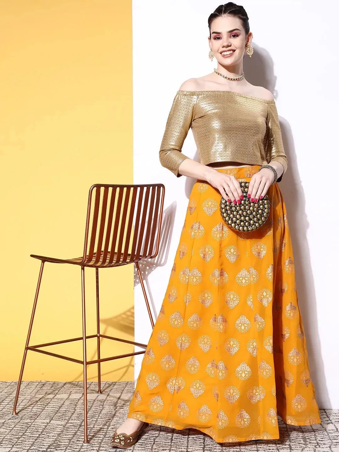 Mustard Printed Georgette Skirt