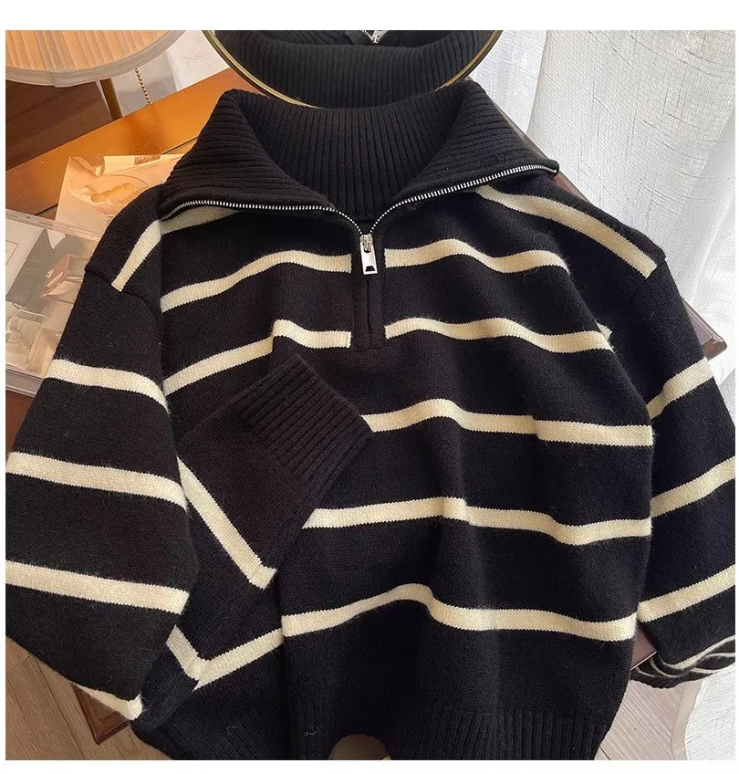 New striped sweater for women chic half zipper knitted top     S4885