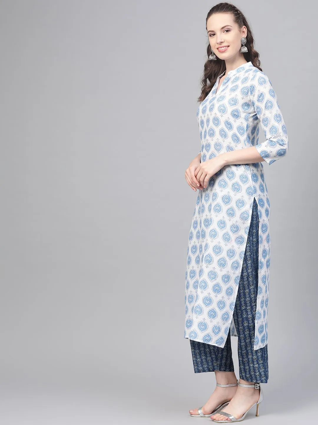 Off-white & blue Printed Straight kurta set with Palazzo & dupatta