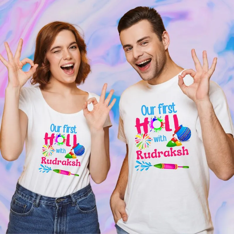 Our First Holi Customised Holi T-Shirts for Mom & Dad