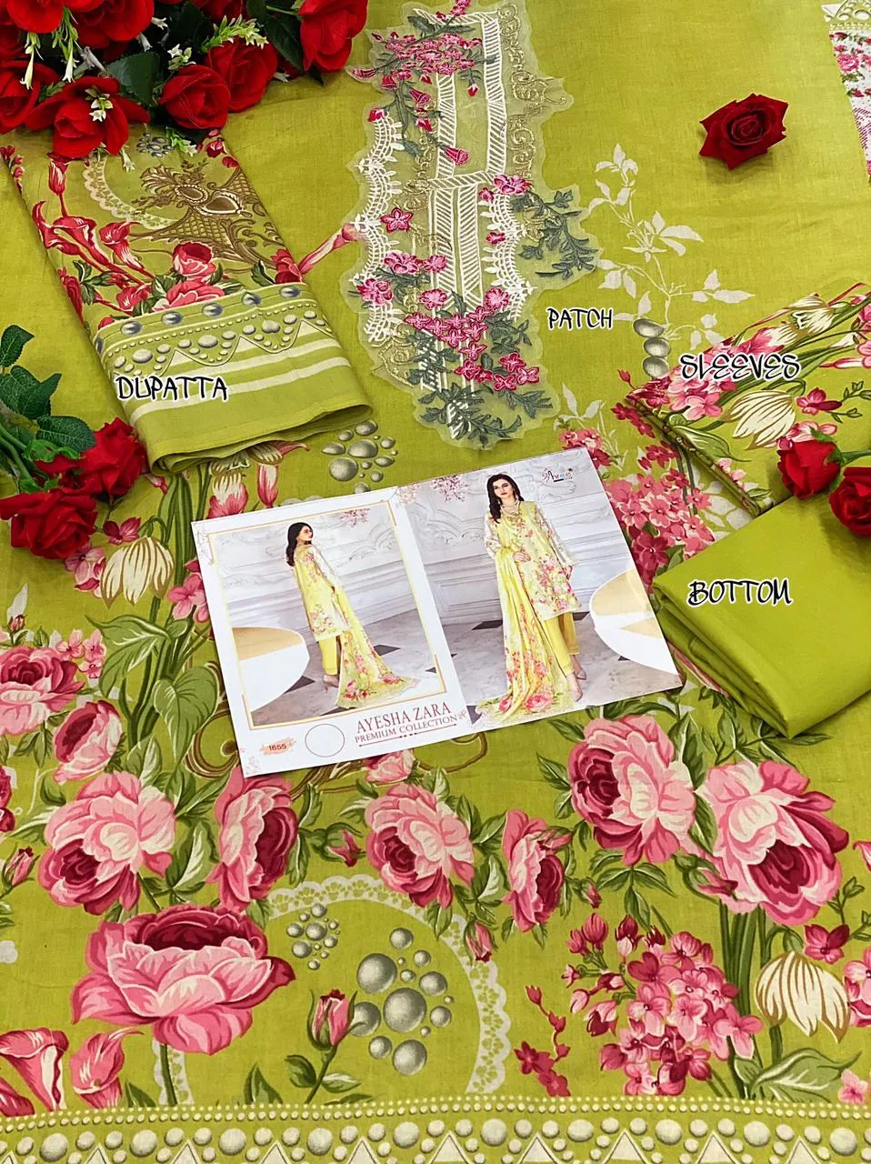 Pakistani Green Cotton Suit Material for women with Chiffon Dupatta