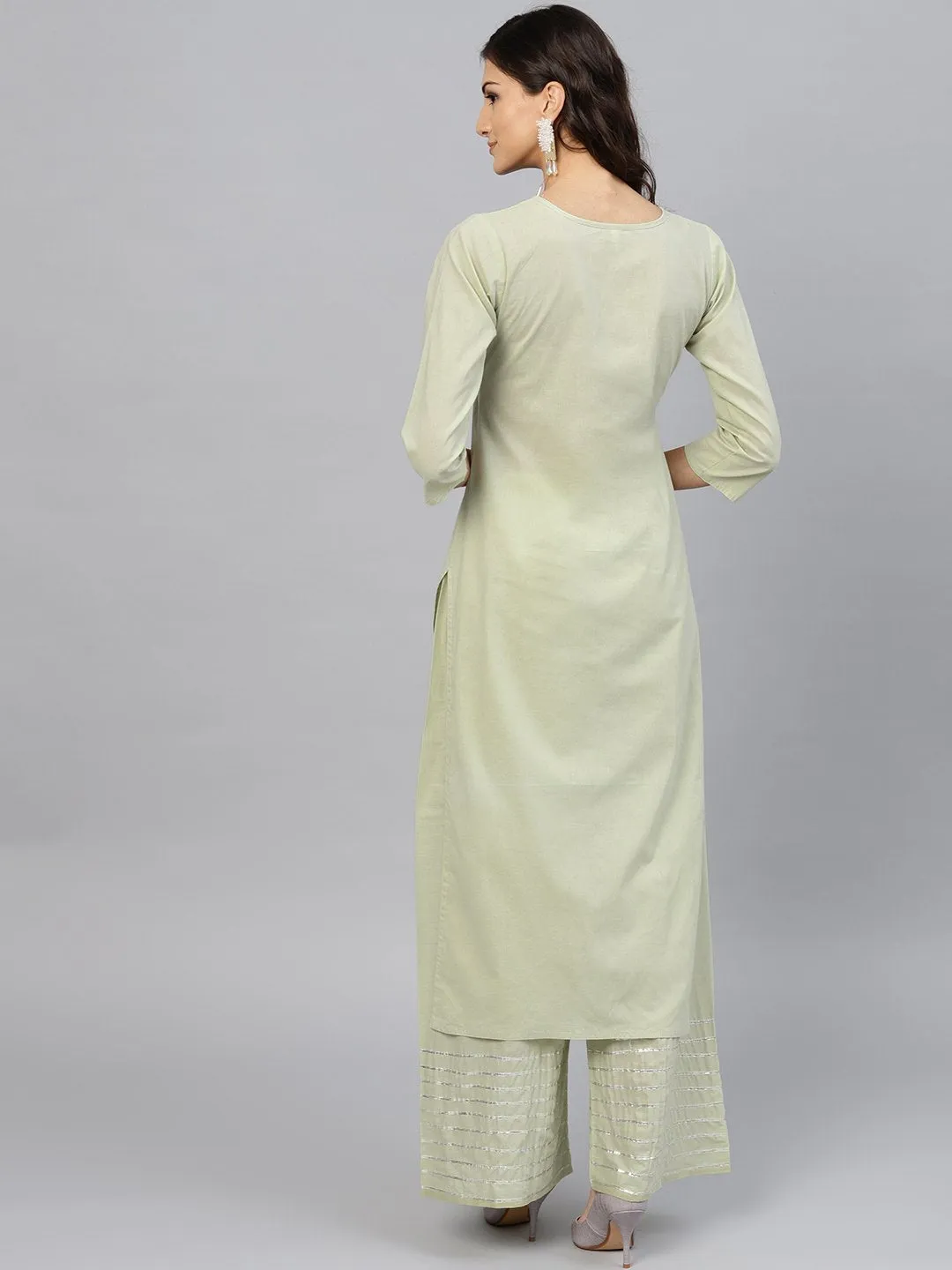 Pastel Green 3/4th sleeve cotton kurta with gotta patti work at yoke and ankle length palazzo