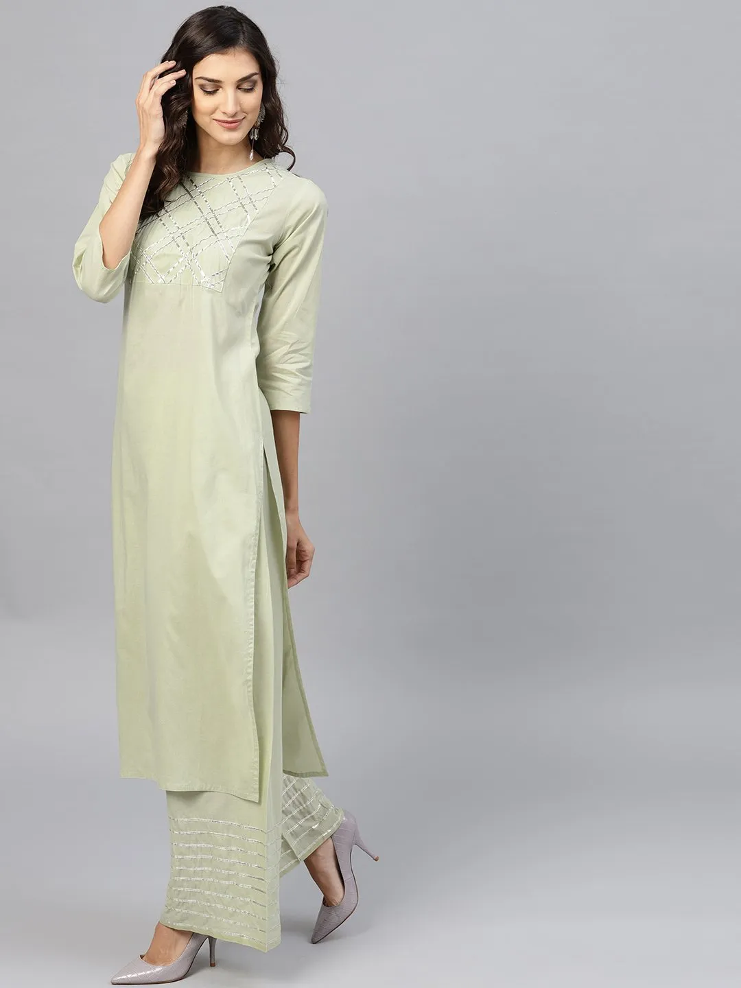 Pastel Green 3/4th sleeve cotton kurta with gotta patti work at yoke and ankle length palazzo