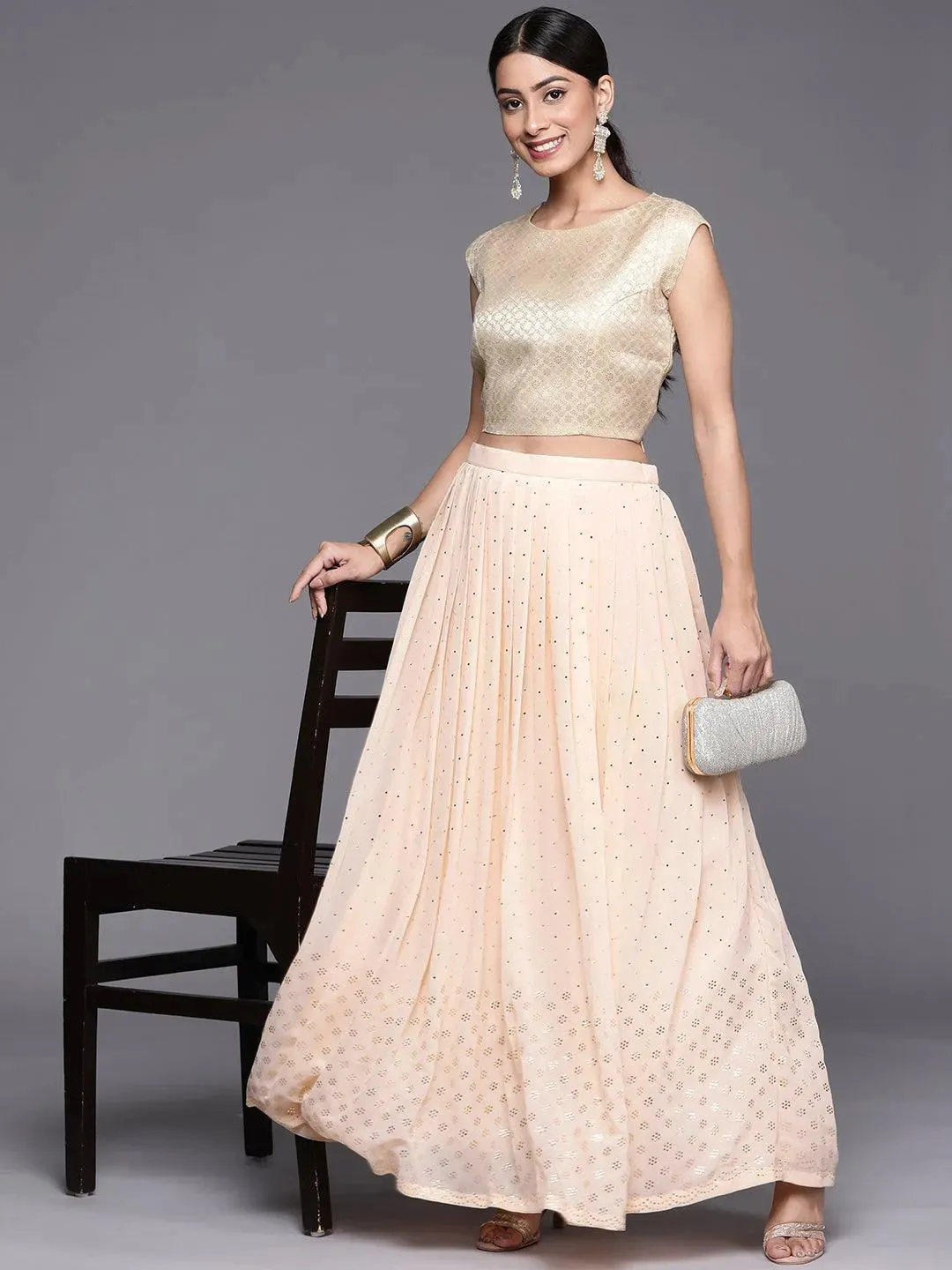 Peach Embellished Georgette Skirt