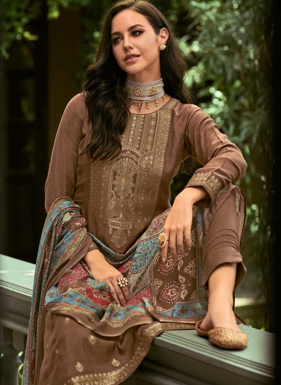 Pure Pashmina Jacquard Brown Winter Suit Dress Material for Ladies