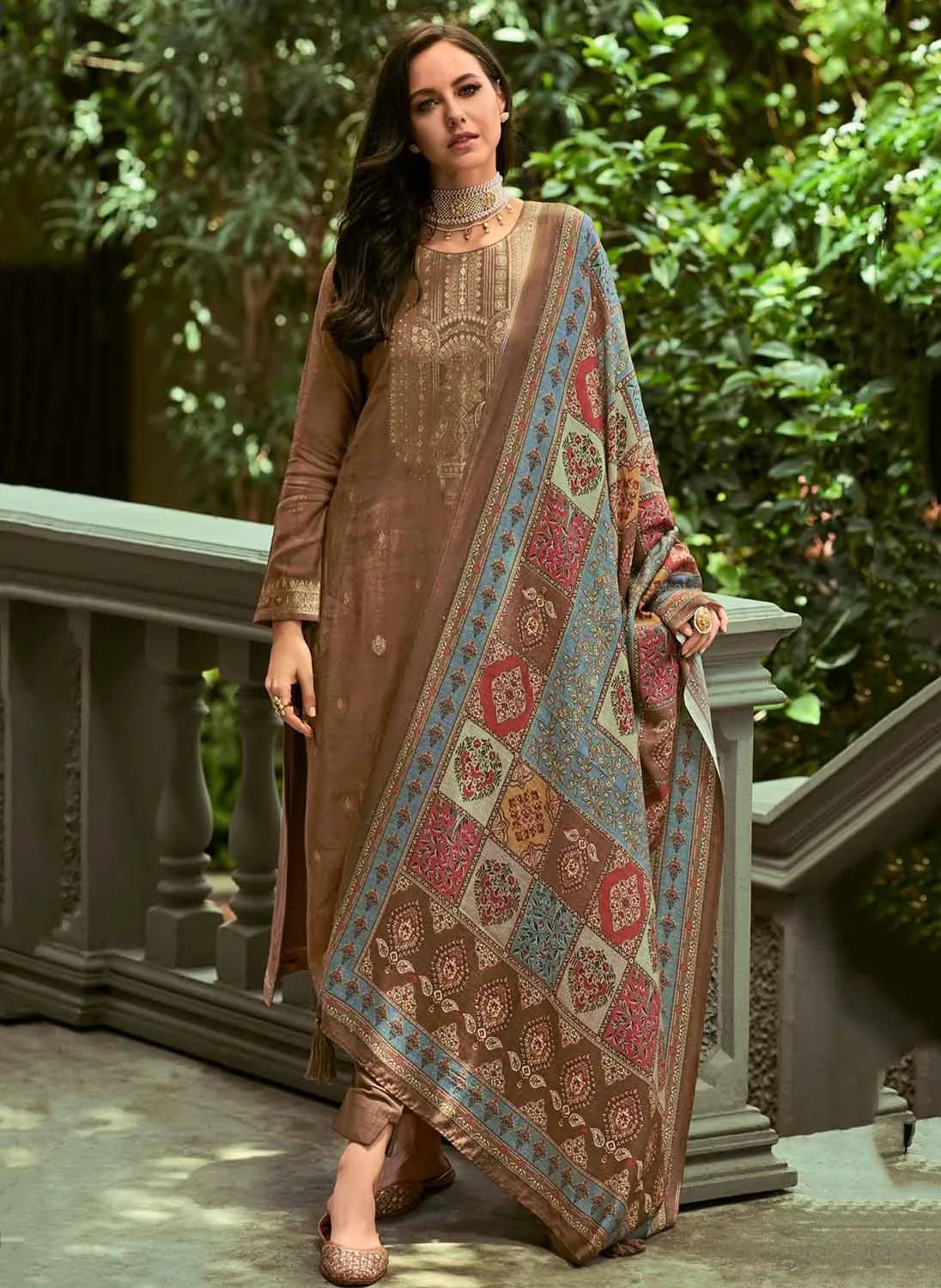 Pure Pashmina Jacquard Brown Winter Suit Dress Material for Ladies