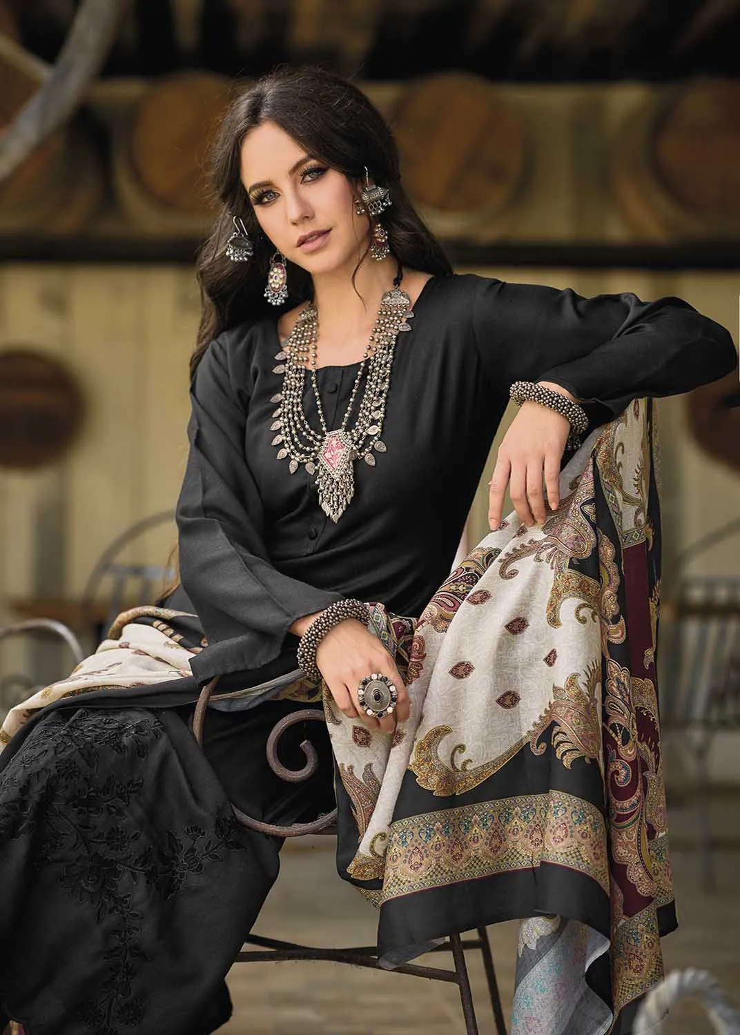 Pure Pashmina Unstitched Black Women Winter Suits Dress Materials