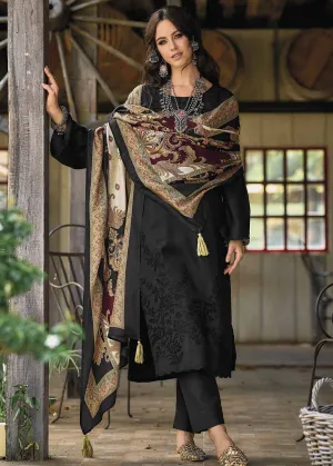 Pure Pashmina Unstitched Black Women Winter Suits Dress Materials