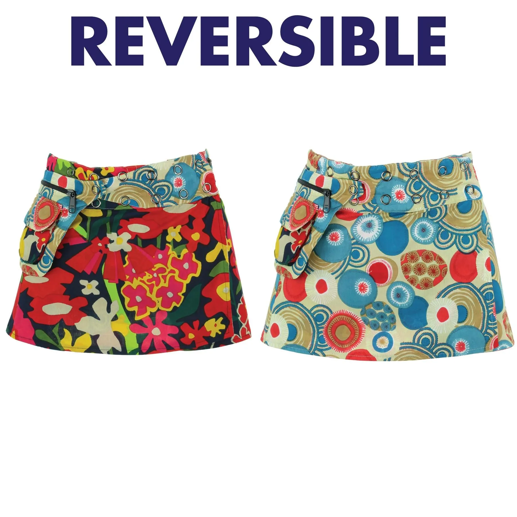 Reversible Popper Wrap Children's Size Mini Skirt - Abstract Floral / Swirls & Spheres