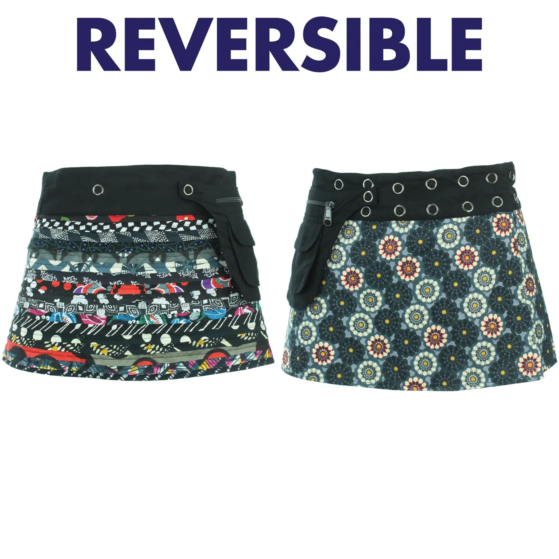 Reversible Popper Wrap Children's Size Mini Skirt - Black Patch Strips / Kaleidoscope