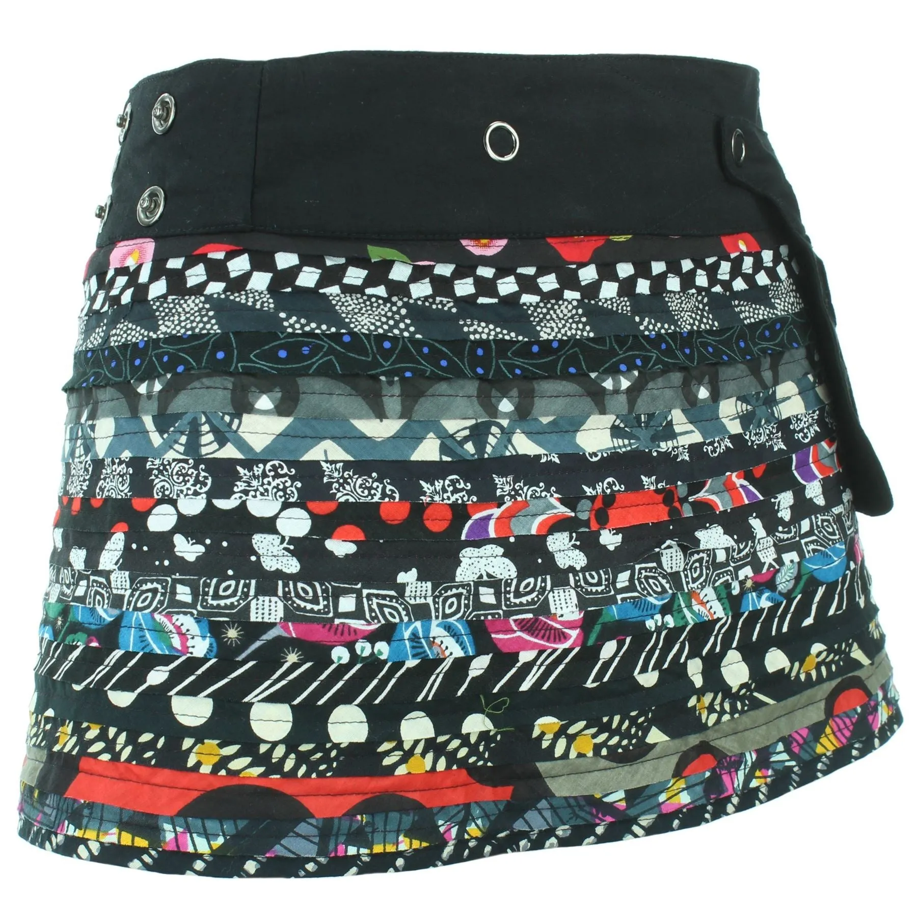 Reversible Popper Wrap Children's Size Mini Skirt - Black Patch Strips / Kaleidoscope