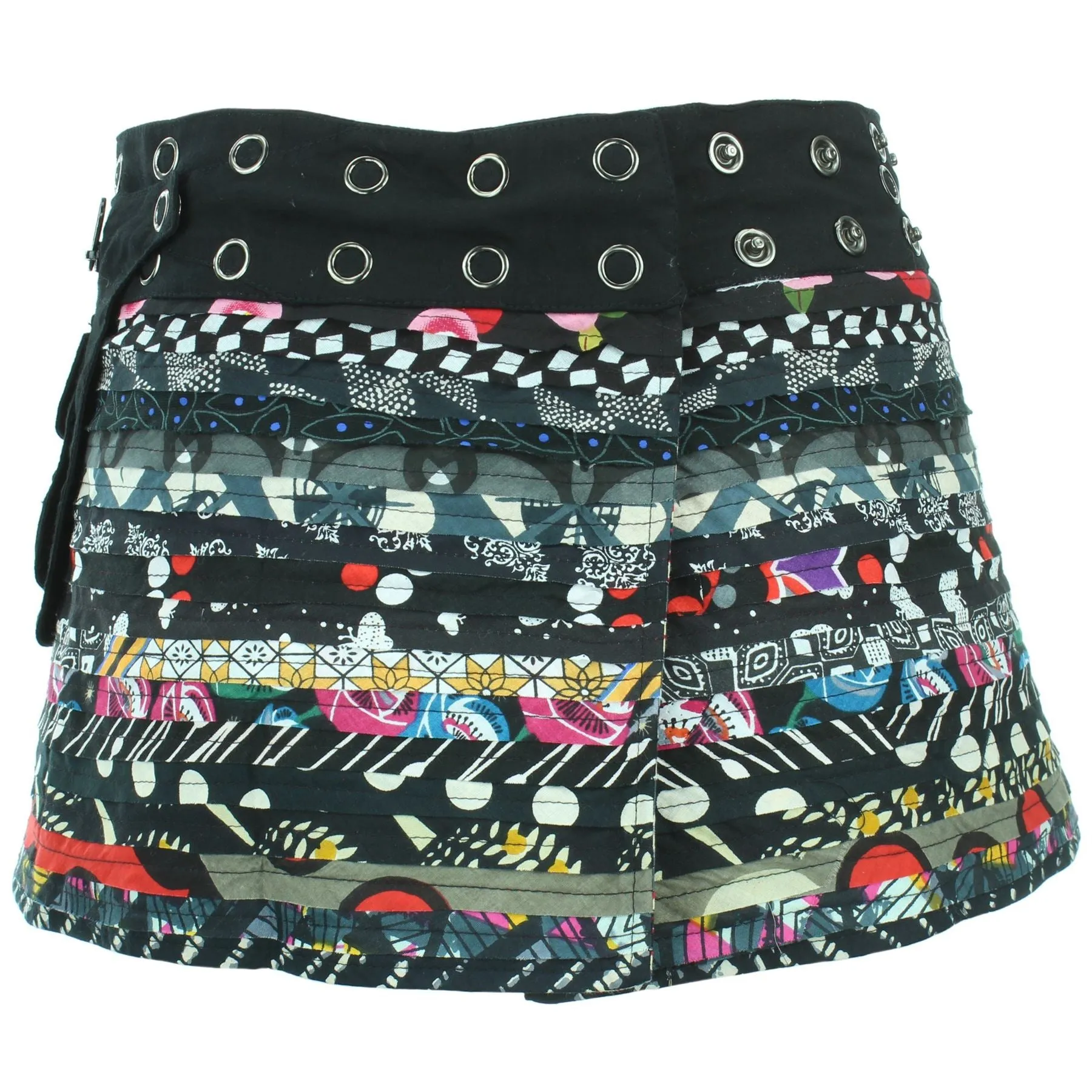 Reversible Popper Wrap Children's Size Mini Skirt - Black Patch Strips / Kaleidoscope