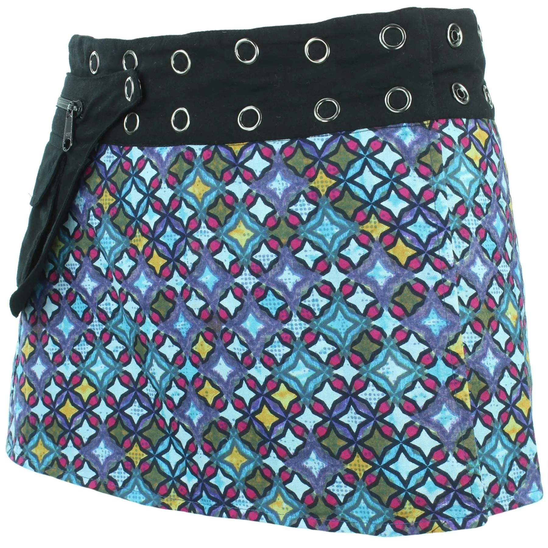 Reversible Popper Wrap Children's Size Mini Skirt - Blue Patch Strips / Diamond Block