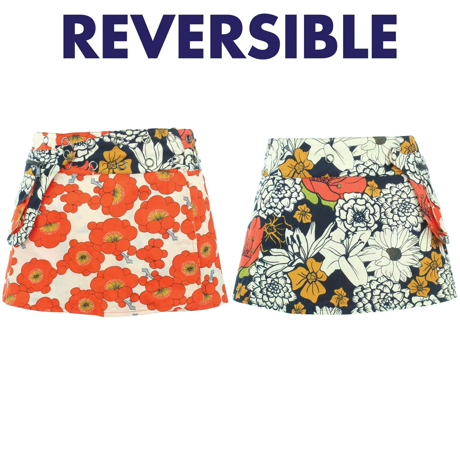 Reversible Popper Wrap Children's Size Mini Skirt - Floral / Japanese Floral