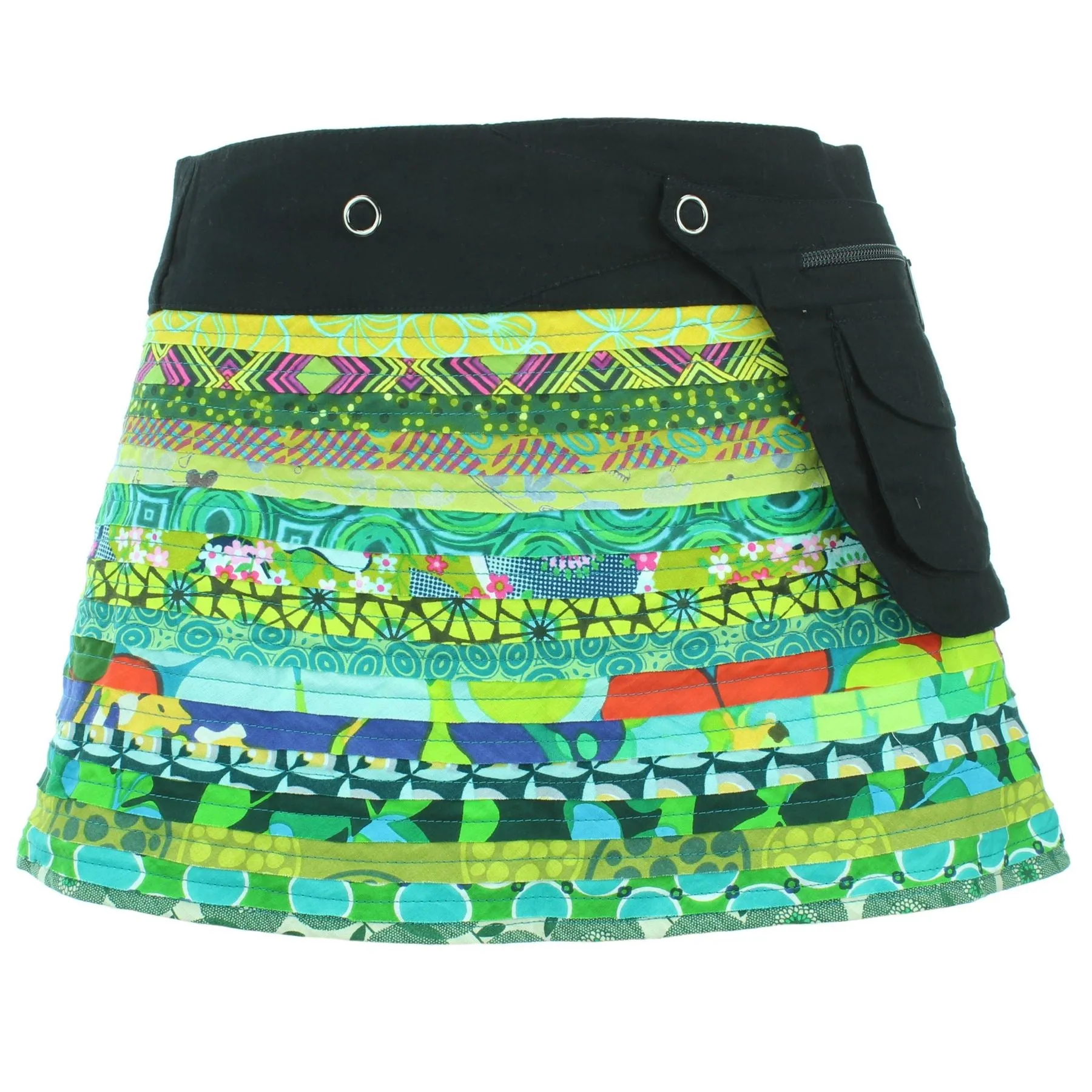 Reversible Popper Wrap Children's Size Mini Skirt - Green Patch Strips / Floral Oyster