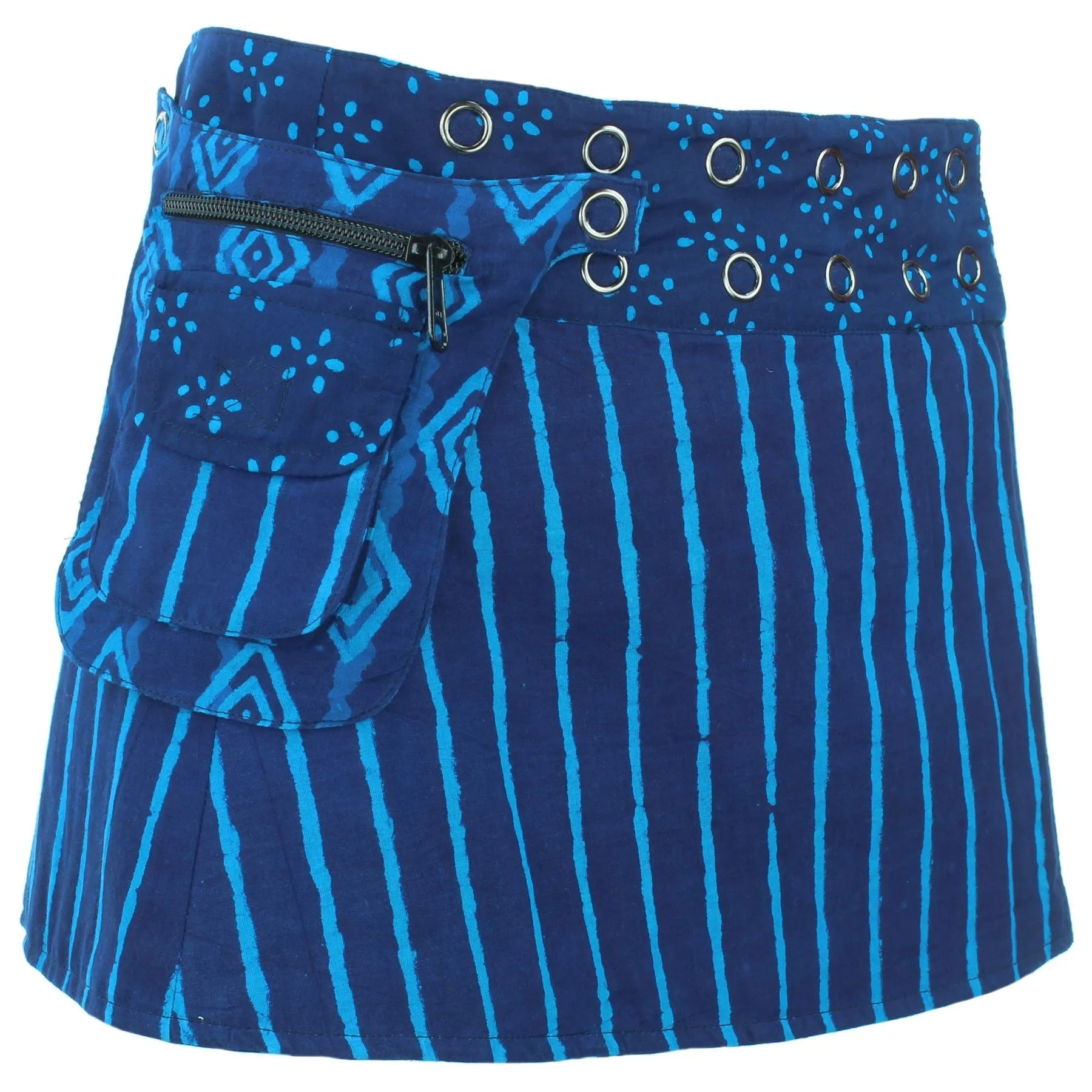 Reversible Popper Wrap Children's Size Mini Skirt - Indigo Patch Strips / Indigo Stripe