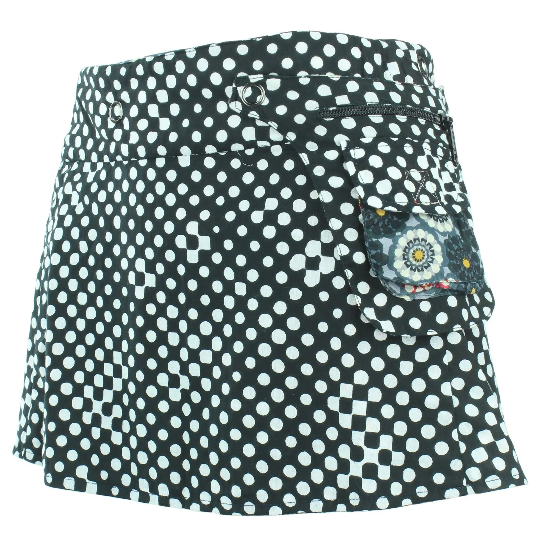 Reversible Popper Wrap Children's Size Mini Skirt - Kaleidoscope / Mono Dots