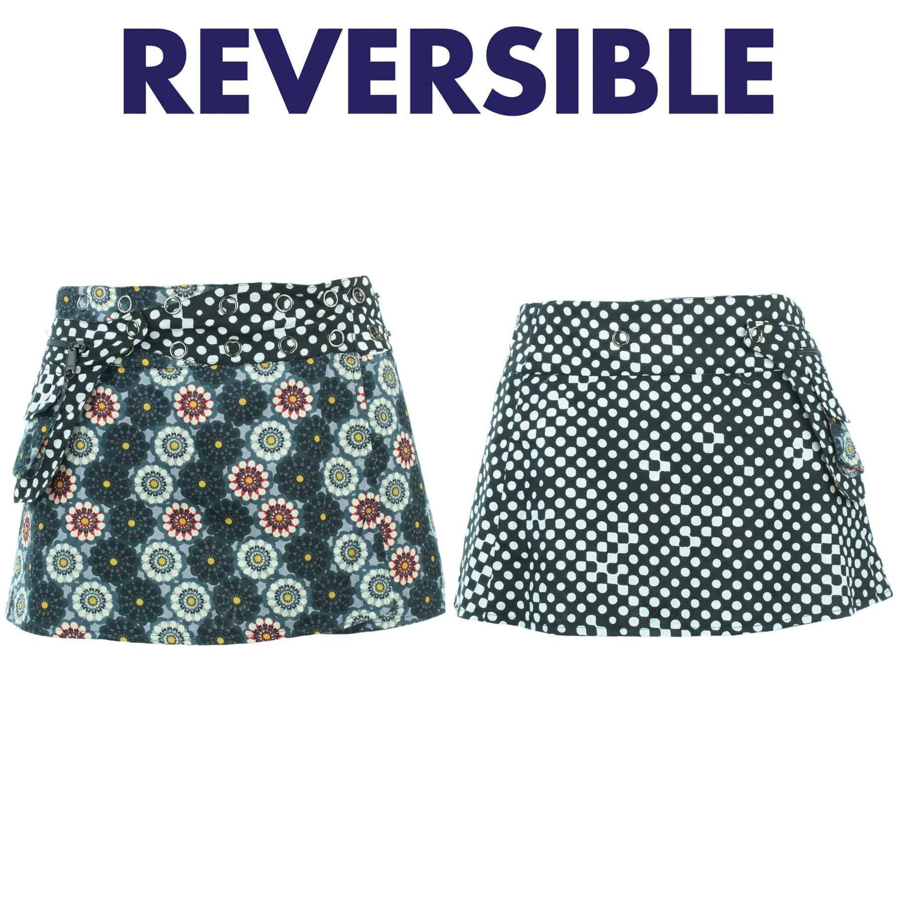 Reversible Popper Wrap Children's Size Mini Skirt - Kaleidoscope / Mono Dots