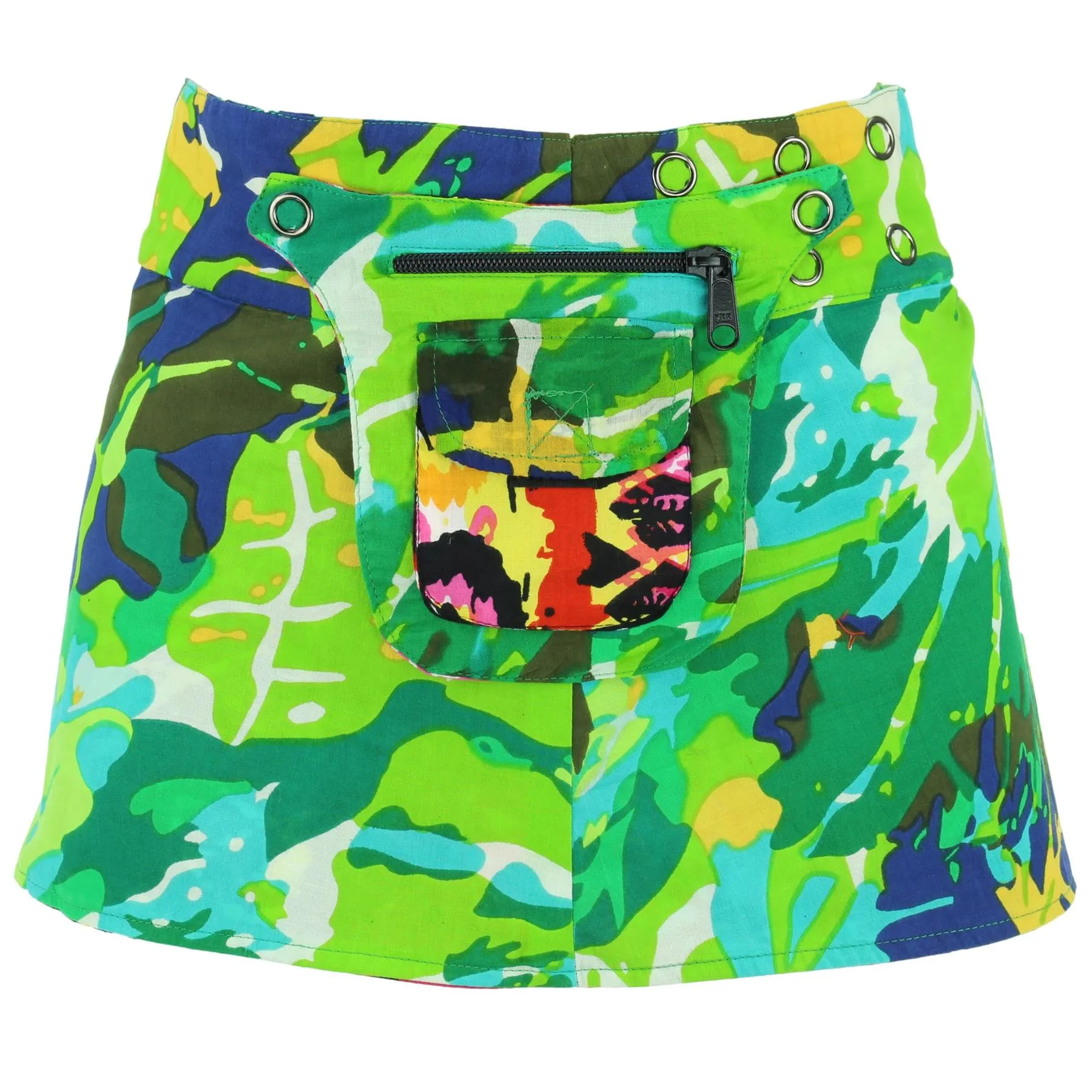 Reversible Popper Wrap Children's Size Mini Skirt - Psychedelic Snakeskin / Camo Leaf