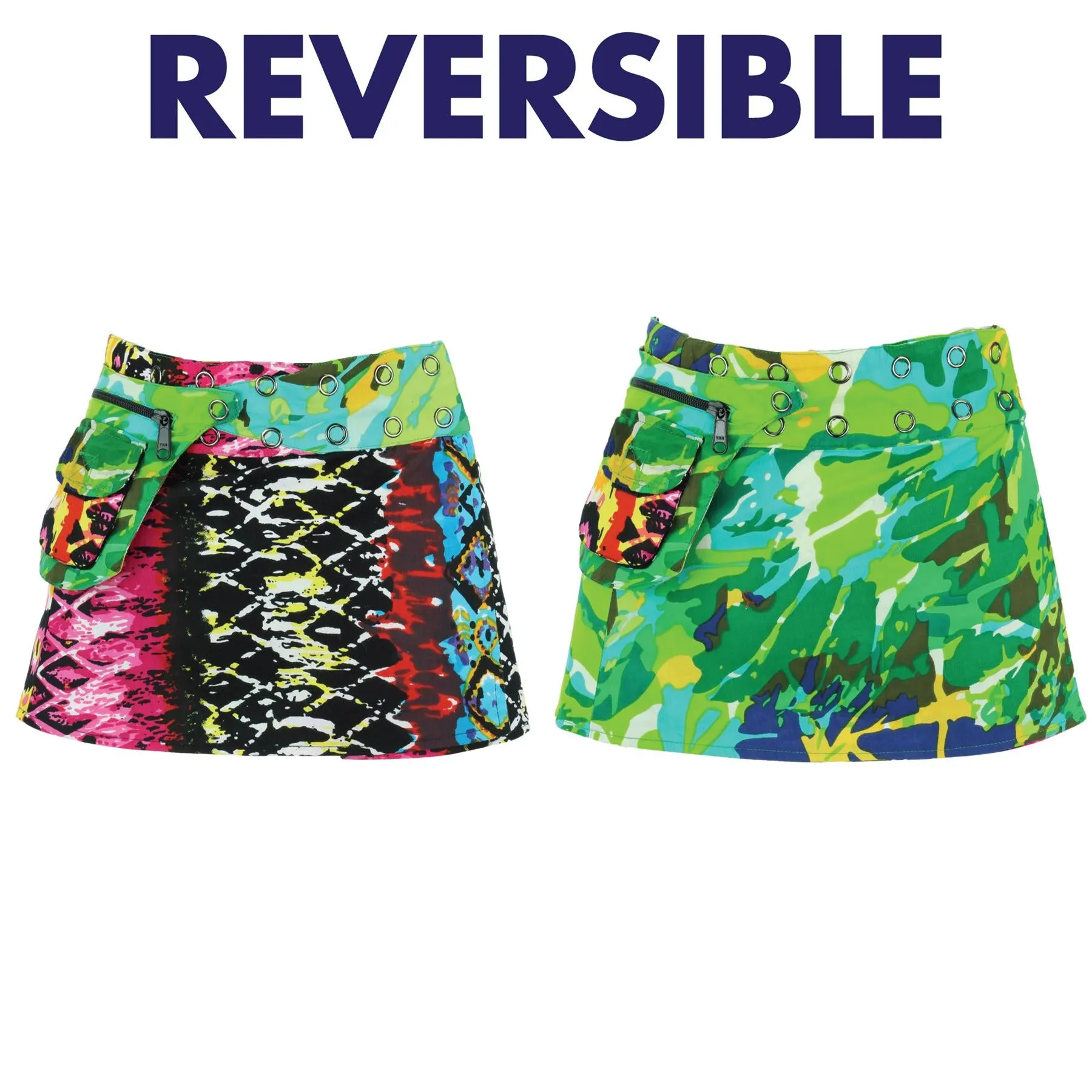 Reversible Popper Wrap Children's Size Mini Skirt - Psychedelic Snakeskin / Camo Leaf