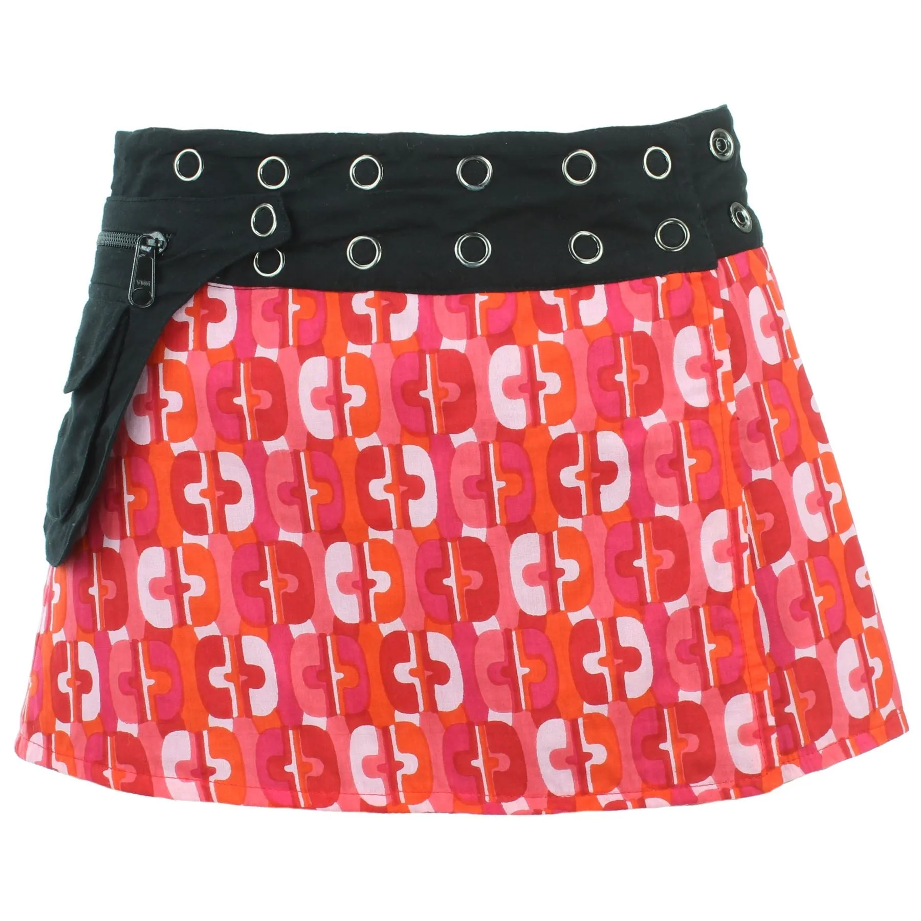 Reversible Popper Wrap Children's Size Mini Skirt - Red Patch Strips / 70s Telephone