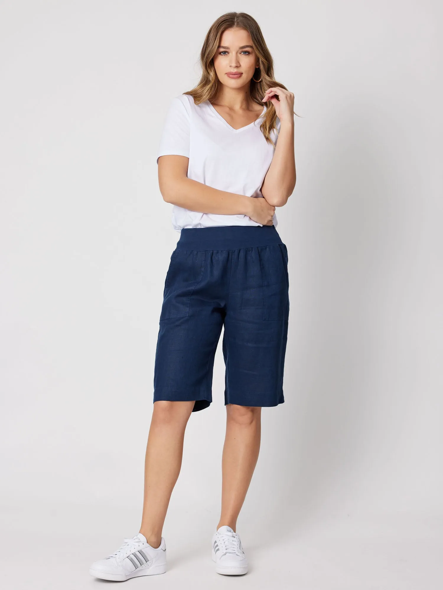 Ribbed Waist Linen Short - Marine