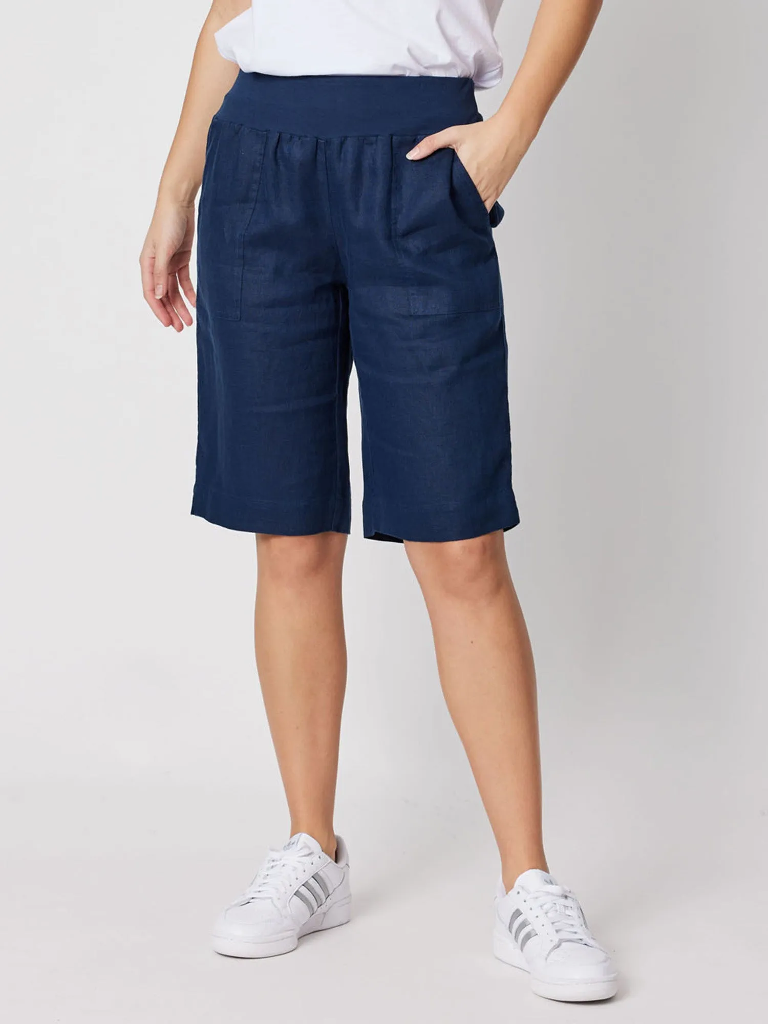 Ribbed Waist Linen Short - Marine