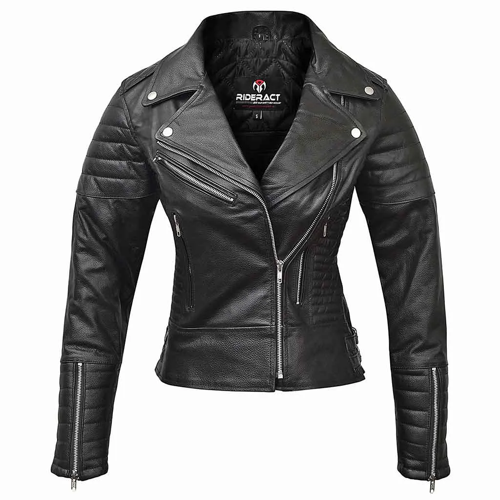 RIDERACT® Women Leather Motorcycle Jacket Black Brando Infinity Leather Biker Jacket