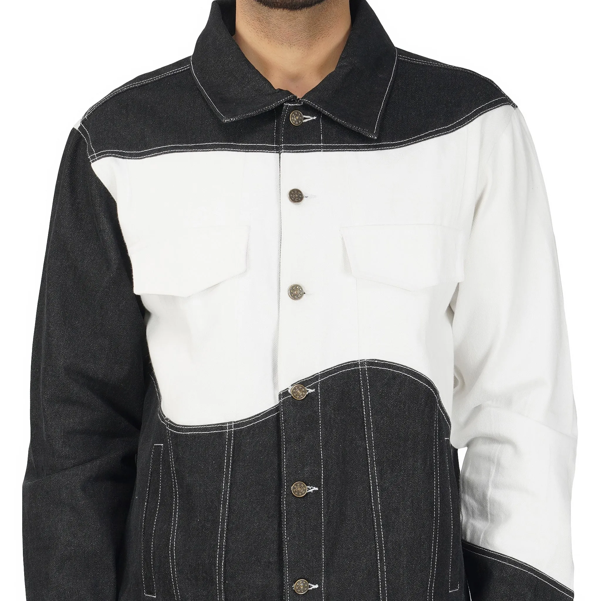 SLAY. Men's Black & White Patched Colorblock Denim Cotton Biker Jacket For Men