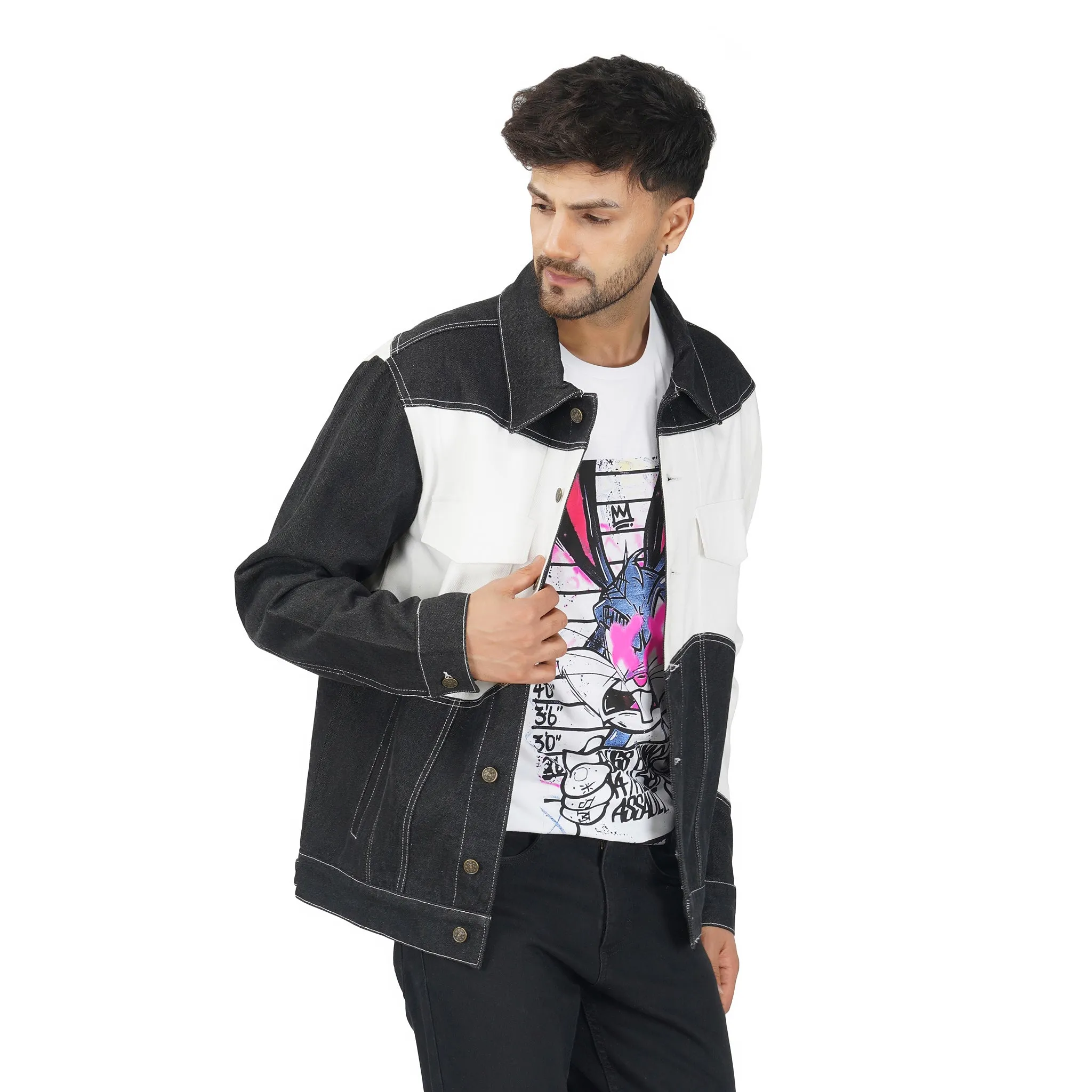 SLAY. Men's Black & White Patched Colorblock Denim Cotton Biker Jacket For Men