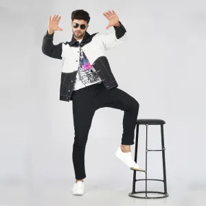 SLAY. Men's Black & White Patched Colorblock Denim Cotton Biker Jacket For Men