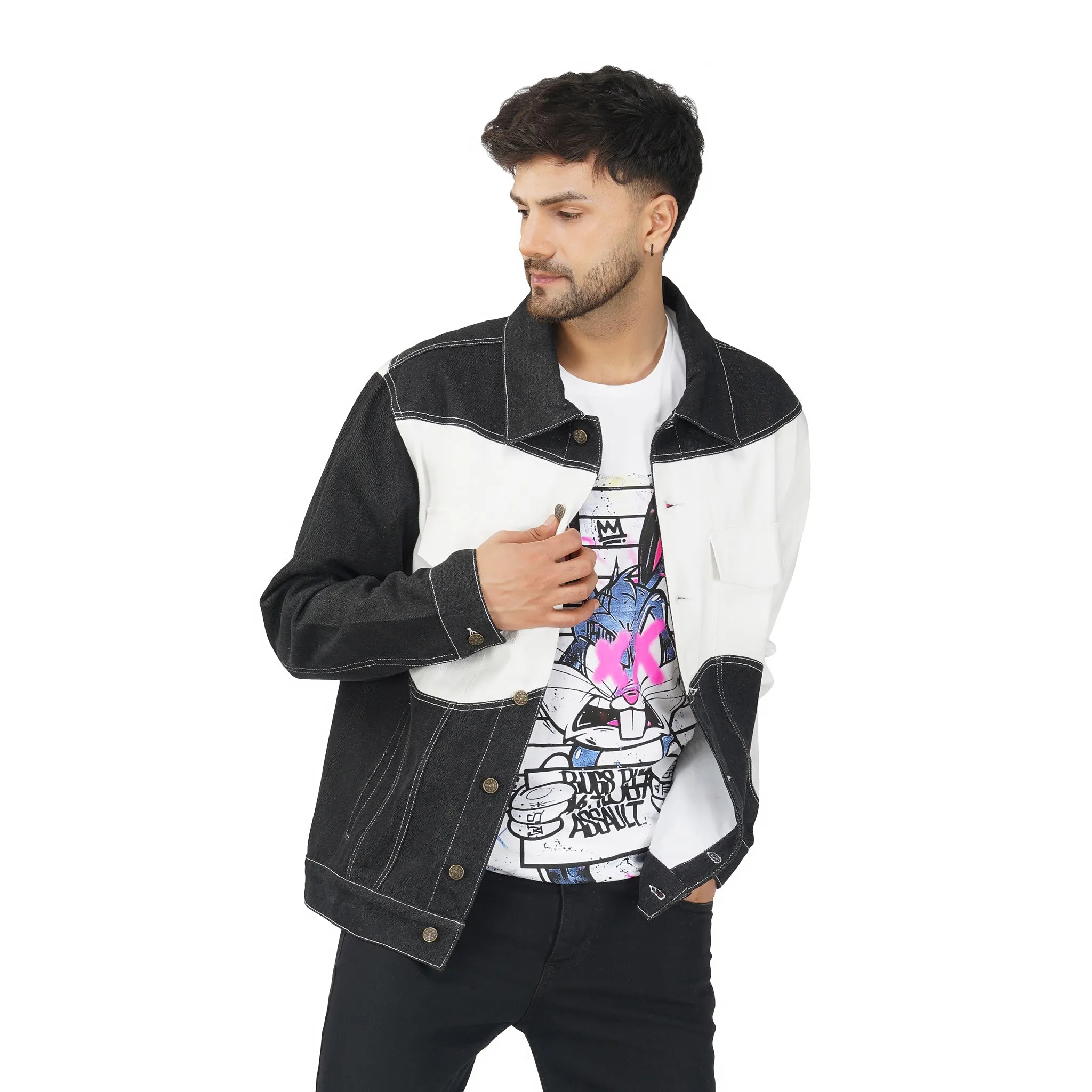 SLAY. Men's Black & White Patched Colorblock Denim Cotton Biker Jacket For Men