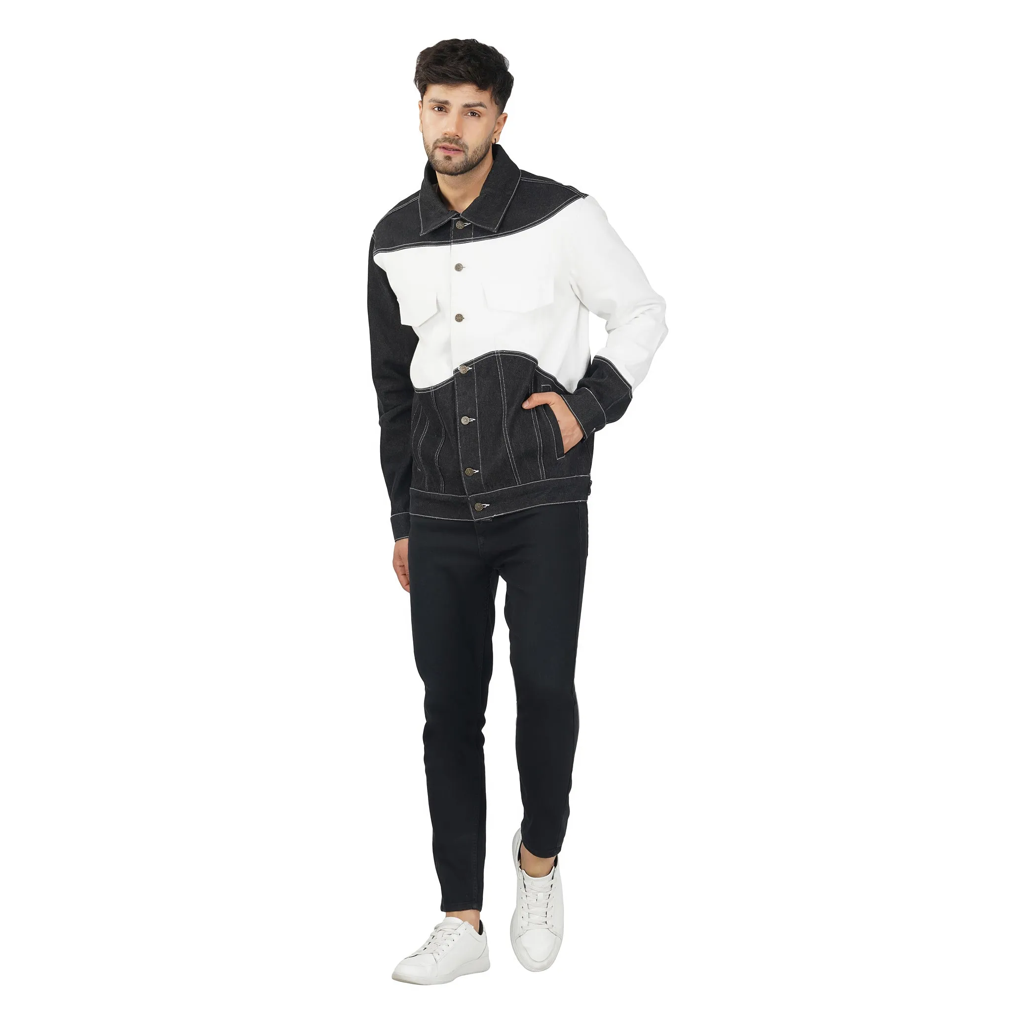 SLAY. Men's Black & White Patched Colorblock Denim Cotton Biker Jacket For Men