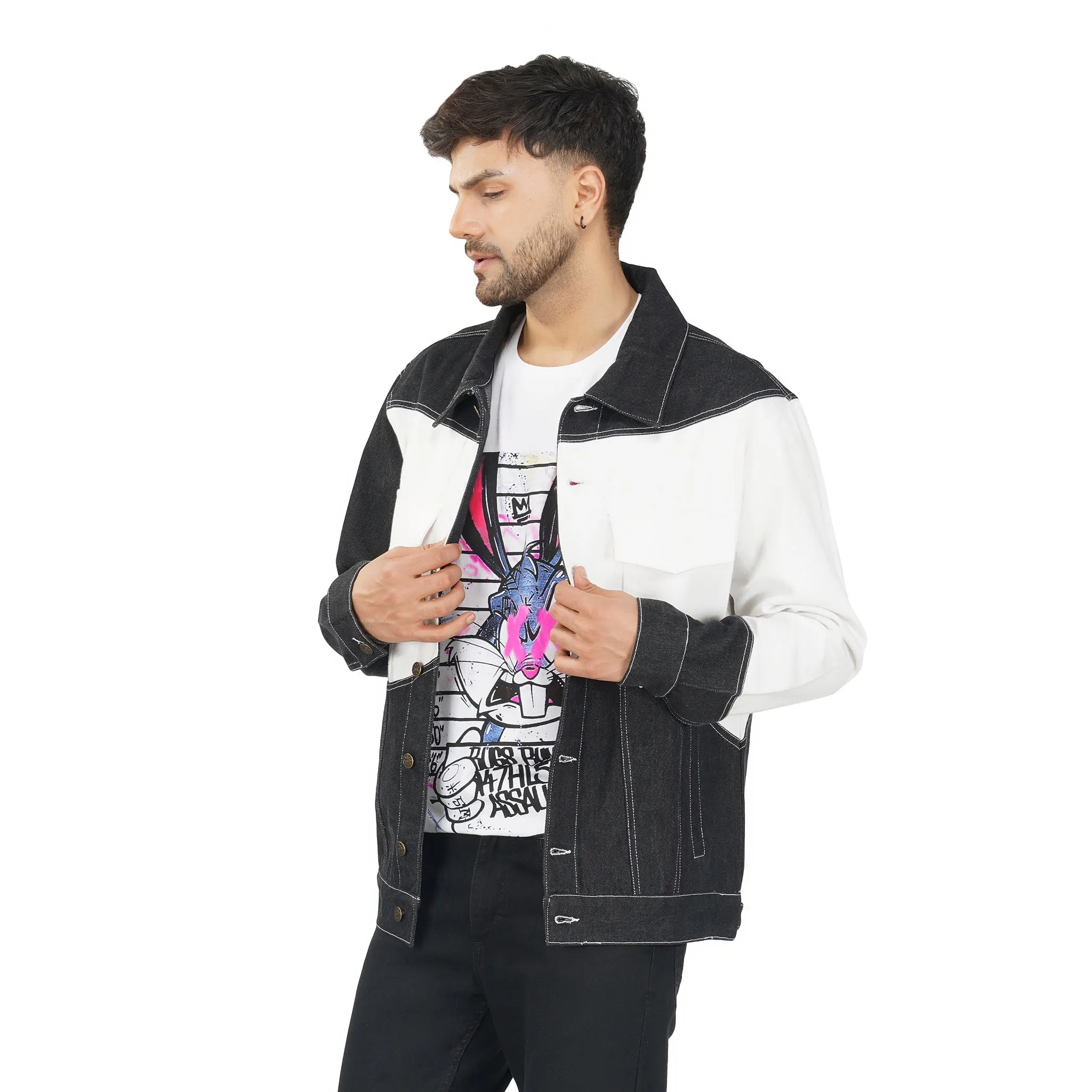 SLAY. Men's Black & White Patched Colorblock Denim Cotton Biker Jacket For Men