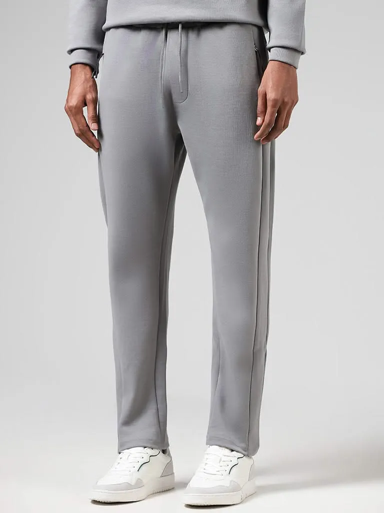 Studiofit Solid Grey Cotton Blend Relaxed-Fit Mid-Rise Track Pants